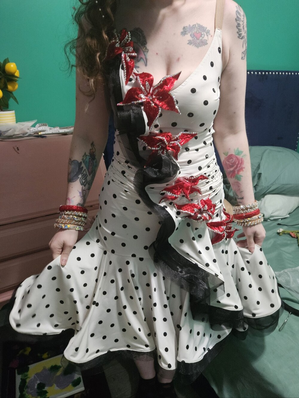 "Lola" - Polka Dot couture Valeria Designs Swing dresss w/ red Swarovski flowers - Picture 12 of 15